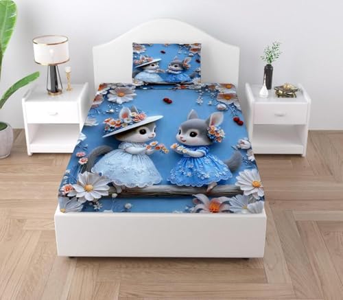 Image of Digital Printed Heavy Quality Glace Cotton 7D Bedsheet for Single Bed, 60 inch x 90 inch Flat Bedsheet with 1 Matching Pillow Cover for Kids, 300 TC (Bunny Blossom)