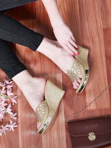 Image of Action Women's Butterfly Crystal Embellished Clear Stiletto Sandals| Gold Glitter Heel| Height| Copper