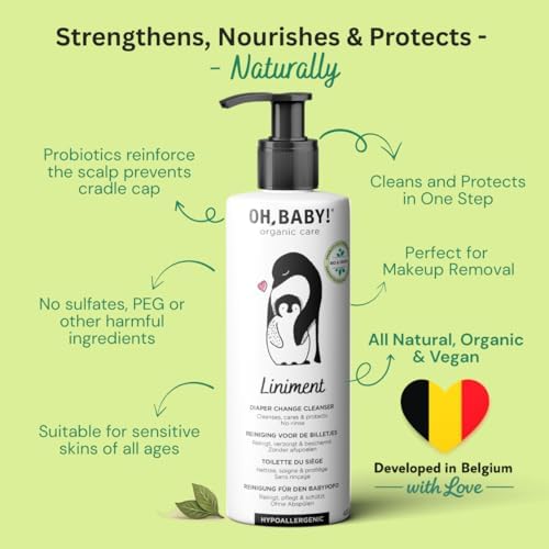 Oh, Baby! Liniment, 2-in-1 Diaper Change Cleanser & Moisture Barrier Care, Organic, Vegan, Fragrance-Free, Hypoallergenic, With Almond Oil & Thermal Water, Pre- & Probiotics, 400 ml