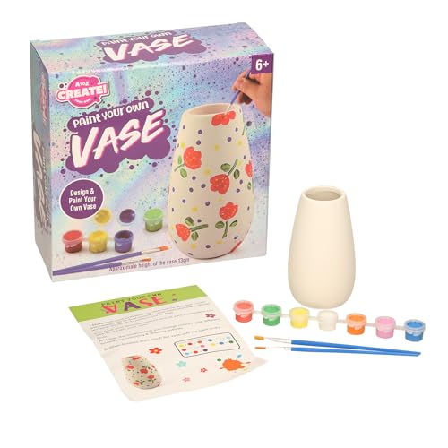 Image of Atoz Paint Your Own Vase Craft Kit, 13cm Ceramic Vase with 8 Paint Colours and Brushes, Ages 6+