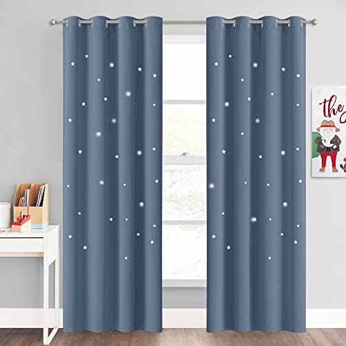 NICETOWN Stone Blue Nursery Curtains with Cut Out Stars, Room Darkening Kids Curtains for Small Window Decor, Grommet Thermal Insulated Short Drapes,