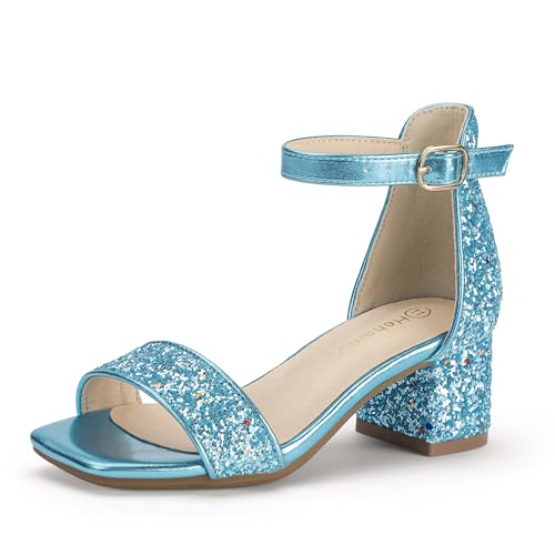 Image of Hehainom Girls Dress Shoes Heels Sandals Little Big Kids Square-Toe Ankle Strap Wedding Party Flower Girls Shoes