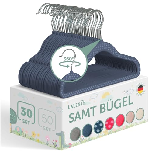 Laleni 30er Set Kleiderbügel für Kinder - rutschfeste Kinderkleiderbügel, platzsparende Babybügel mit Samtbezug, dunkelblau gepunktet