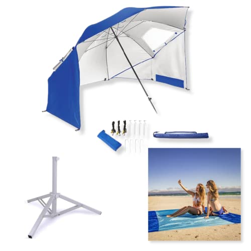 JazLax Beach Umbrella Tent Sun Shade Shelter 2.4m SET Beach Mat and Stand Inc. Portable, UPF 50+ UV Protection 2-4 person, beach, garden, fishing, camping (Blue)