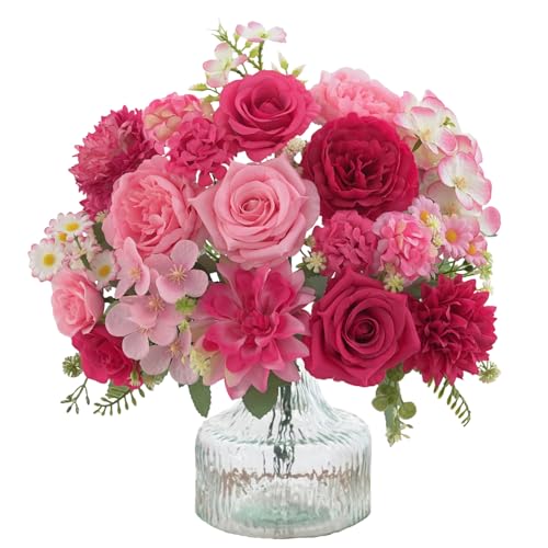 4 Pcs Mixed Artificial Flower Set, Small Artificial Peony Bouquet Fake Rose Flower Silk Floral Arrangements for Table Centerpiece Home Wedding Party Bridal Decoration(Mixed Pink, 2 Bouquets & 2 Stems)