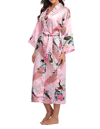 Vogue Bridal Womens Floral Kimono Robe Silk Robes Bride Bridesmaid Satin Robes Bridal Dressing Gown Silky Bathrobe, Pink, Large