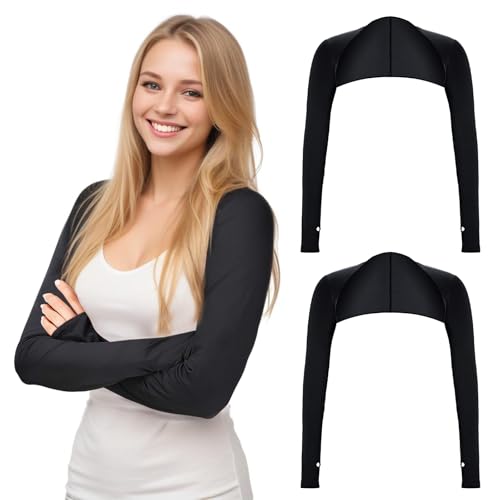Yolev 2 Stück UV-Schutz Bolero Damen Sonnenschutz Schal Armstulpen Eisseide Kühlschal Armmanschetten mit Fingerlöchern Fingerlose Handschuhe Ärmel (Schwarz)