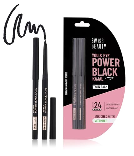 Image of Swiss Beauty You & Eye Power Black Kajal Twin Pack | 24 Hrs Stay | Smudge proof | Waterproof | Creamy Texture | Pack of 2, 0.60g