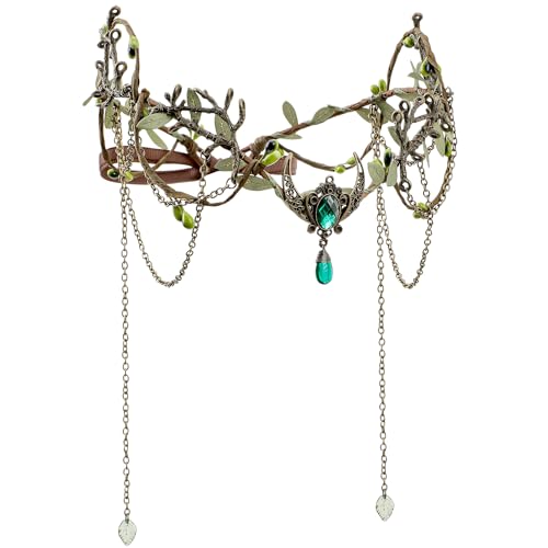 MOSTORY Bronze Woodland Elf Crown - Green Elf Headpiece with Tassel for Medieval Renaissance Accessoires Women Forest Fairy Circlet for Renfaire Fairycore Cosplay Viking Outfit