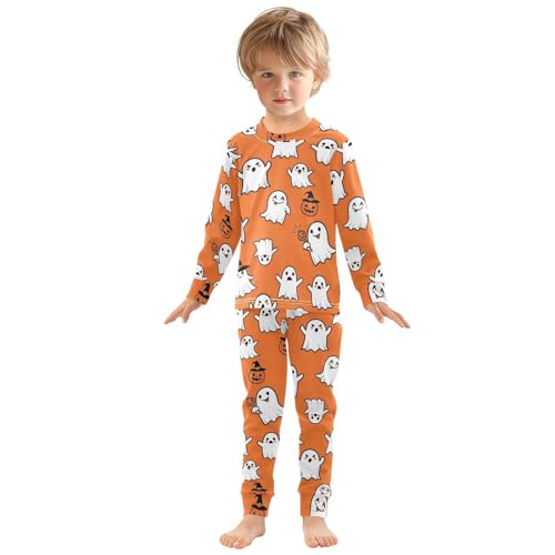 Pajama Sets Long Sleeve Halloween Ghosts on Orange_1 Soft Comfy Sleepwear 2 Piece PJS 3-8T2