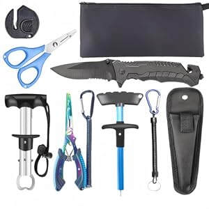 8 Pcs Pocketable Fishing Tool Kit, Foldable Knife Fishing Pliers Scissors Fish Lip Gripper Hook Remover Sharpener Sheath Lanyard, Aboda Fresh & Saltwater Fishing Tools Fishing Gifts