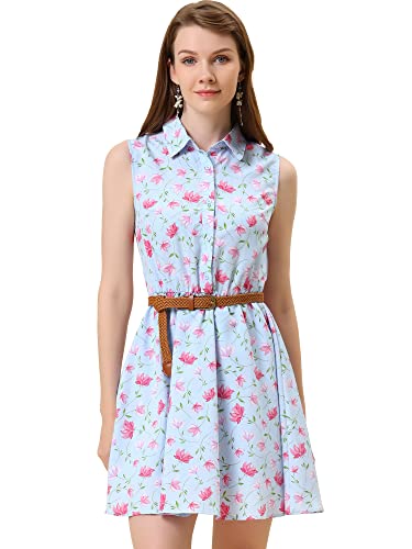 Image of Allegra K Women's Floral Printed Half Placket Above Knee Summer Sleeveless Belted Dress