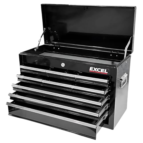 Excel 9-Drawer Tool Chest Cabinet Black, Lockable Metal Tool Box with Top Case