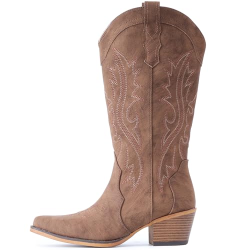 Image of IUV Cowboy Boots For Women Western Cowgirl Boots Mid Calf Snip Toe | Chunky Heel Ideal for low insteps