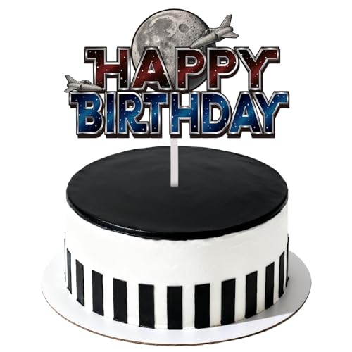 Space Happy Birthday Cake Topper, Lune Cartoon Noire et Thème Galaxy Décoration de Gâteau avec Stick et Points Adhésifs pour Fête Gâteaux pour Garçons...