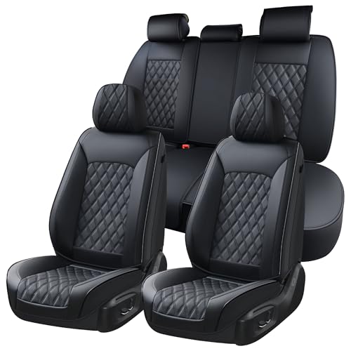 Image of Huidasource Car Seat Covers Full Set, Seat Covers Nappa Leather Universal Fit for Most Cars, Vans, Trucks, SUVs, Compatible with Airbags, Child Seat, Car Seat Cover Velcro Adjustable (Full Set /Black)