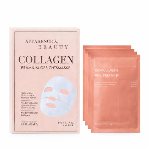 Bio Kollagen Gesichtsmaske – Natürliche Tuchmaske mit Bio-Kollagen & Hyaluron – Feuchtigkeitsspendend, straffend & Anti-Aging – Für alle Hauttypen – 4 Stück Apparence & Beauty