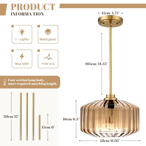 Image of 2-Pack Kitchen Island Hanging Lights Amber Glass Pendant Light Fixtures 1 Light 11.8 Inch Glass Shade Mid Century Farmhouse Hanging Lamps for Bedside Living Room Dining Room