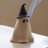 Halloween Ghost Statue Decor, 4" Incense Holder Cone Burner Mini Smoking Ghost Resin Ornament for Home Indoor Desktop Decoration for Yoga Lover Stress Anxiety Relief (Witch Hat Ghost)