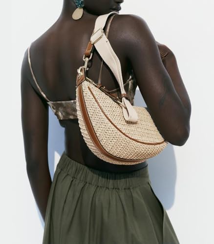 Image of Straw Crossbody Bags for Women Beach Woven Hobo Handbag Summer Chic Crescent Shoulder Purses with Adjustable Strap 2025 Khaki