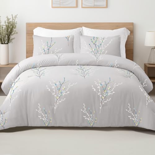 Exclusivo Mezcla Reversible King Size Comforter Set 3 Pieces Microfiber Bedding Down Alternative Comforter for All Seasons with 2 Pillow Shams Floral Pattern Grey