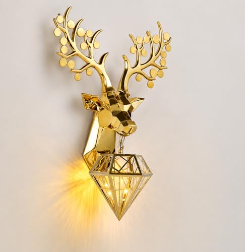 Image of Modern Metallic Golden Deer Wall Sconce with Diamond Cage Light, Metal Wall Art, Antler Design, Decorative Wall Lamp for Living Room, Bedroom, Home, Hotel, Cafe with Filament Bulb (Deer)