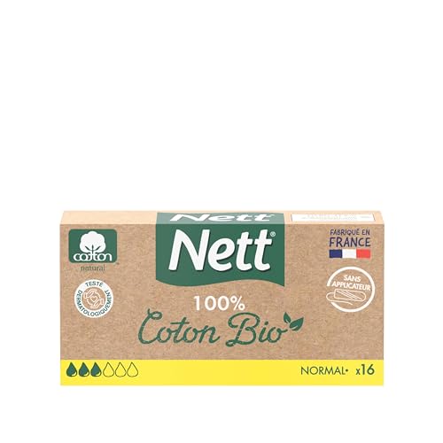 Nett – Tampons 100% Coton Bio Normal Sans Applicateur (boîte de 16 pièces) – Tampons en coton non blanchis au chlore et sans parfum –...