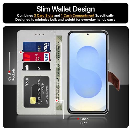 Image of FLIPPED Vegan Leather Flip Case Back Cover for Samsung Galaxy S25 5G (Flexible, Shock Proof | Hand Stitched Leather Finish | Card Pockets Wallet & Stand | Tan with Brown)