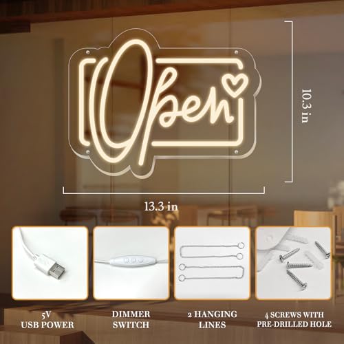 Image of Open Neon Sign, Neon Signs Lights for Wall Decor Store, Perfect Gifts for business owners, Dimmable Neon Light 13.3 * 10.3 in