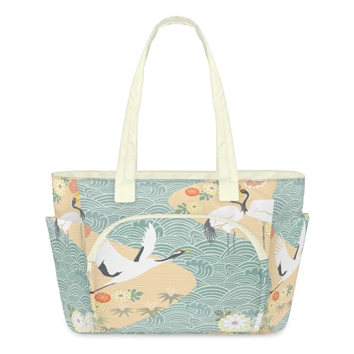 Sac fourre-tout léger matelassé à fleurs japonaises et grues pour femme avec fermeture zippée