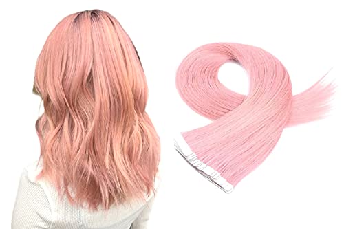 Jinyun Tape in Human Hair Extensions Real Natural Human Hair 20pcs Seamless Silky Straight Weft Remy Virgin Tape Hair Extensions (18Inch,Pink)