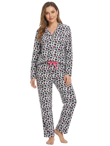 Noble Mount Womens Fleece Pajamas Set - Warm Winter PJs - Jaguar White/Grey - Large
