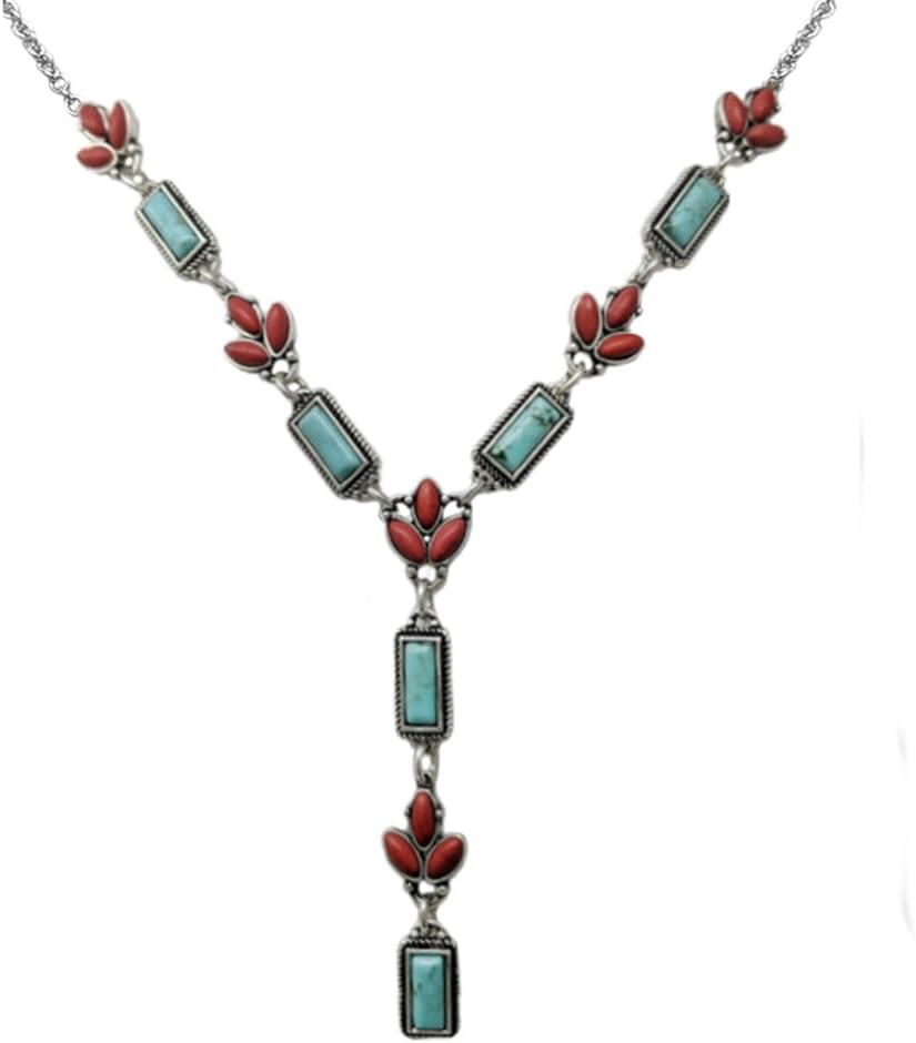 Rosemarie & Jubalee Western Y-Drop Necklace, Turquoise Howlite and Coral Red Stones, 18"+3" Extender, Silver