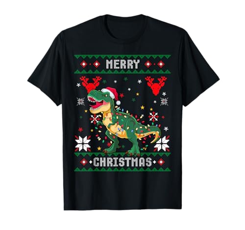 Ugly Merry Christmas Santa Hat Lights T-Rex Dinosaur Xmas T-Shirt