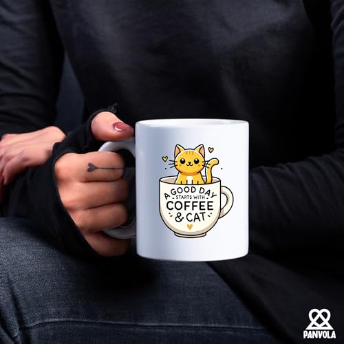 Taza de cerámica blanca Panvola con diseño de gato 11 oz miniatura 4