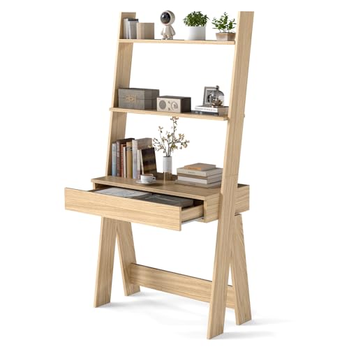 Tangkula Ladder Desk with Countertop & Drawer Home Office Computer Laptop Table with Open Shelves & Anti-Tip Kits Wall-Leaning Compact Working Station for Small Spaces (Natural)