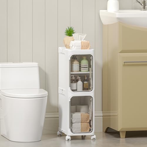HOMIDEC Bathroom Storage, 2 Tier Narrow Bathroom Cabinet with Wheels and Removable Shelf, Slim Bathroom Storage Unit Free Standing for Toilet Roll, Towel, Shower, Clear Smoke