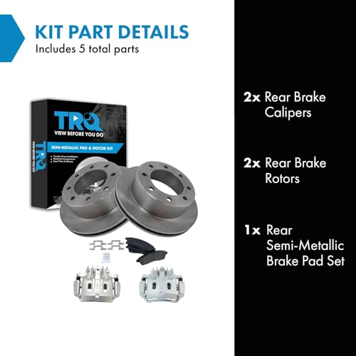 Image of TRQ Rear Brake Pad, Caliper, & Rotor Kit Semi-Metallic Compatible with 2000-2005 Ford Excursion 2000-2004 F-250 Super Duty F-350 Super Duty