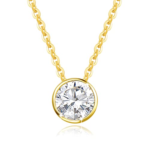 FANCIME 14k Solid Gold 1 Carat 6.5mm Moissanite Classic Bezel Set Solitaire Gemstone Pendant Necklace for Women Girls, Gold Chain 16 + 2 inch Extender