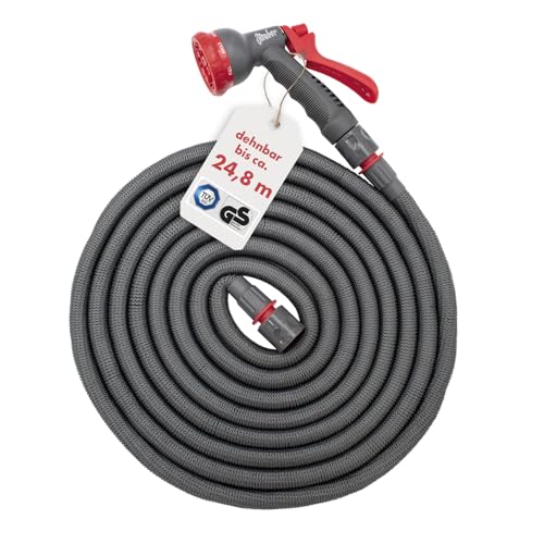 Steuber Flexibler Gartenschlauch Platinum GREY mit 8 Sprühkopf-Funktionen, 24,8m, TÜV Süd Siegel, mit Innen- & Außenadapter