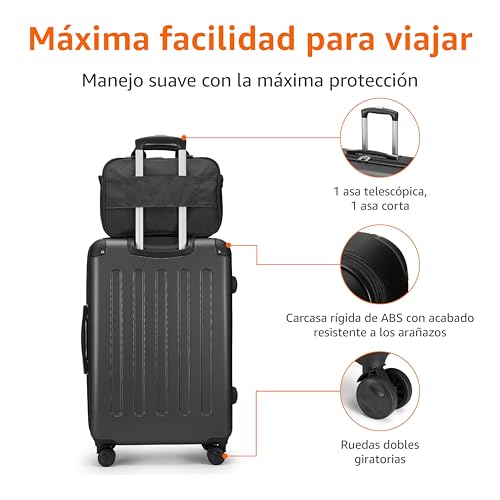 Imagen que muestra el manejo y fácil transporte del juego de maletas Amazon Basics con ruedas dobles giratorias y asa telescópica