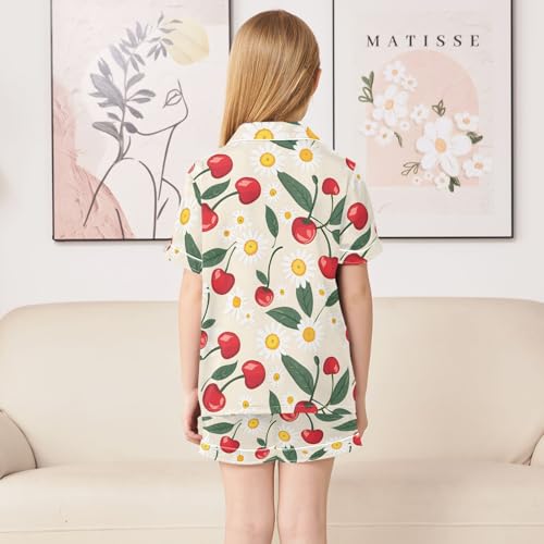ALAZA Summer Daisy Cherry Fruit Satin Pajamas Set Short Sleeve Button Down Sleepwear Summer Pjs 2 Piece4