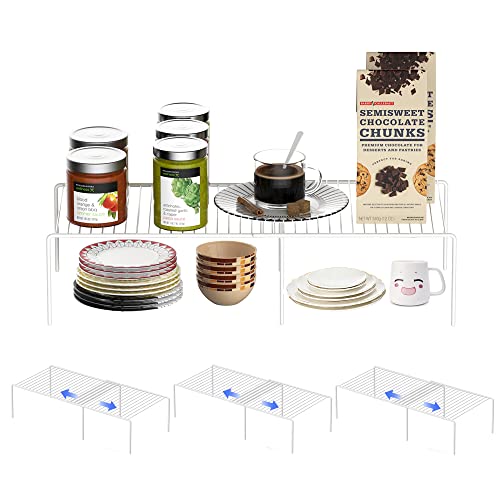 Redrubbit Cabinet Storage Shelf Rack, Expandable Metal Rustproof Kitchen Counter and Cabinet Shelf, Storage Rack Organizer Space Saver for Kitchen, Fridge, Cabinet, Bathroom, White, Set of 4