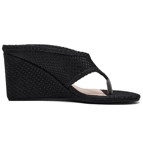 Image of Women's Wedges Heeled Slippers Fabric Heels Slip on Comfy Evening Dress Woven Sandals Square Toe Shoes for Women 3.3 inch Heels