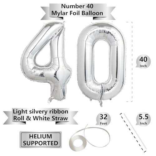 Image of Number Balloons Silver Party Balloon - Giant Number 40 Balloon, 40 Inch Large Balloon for 40th Birthday Decorations, Silver Party Supplies for Anniversary