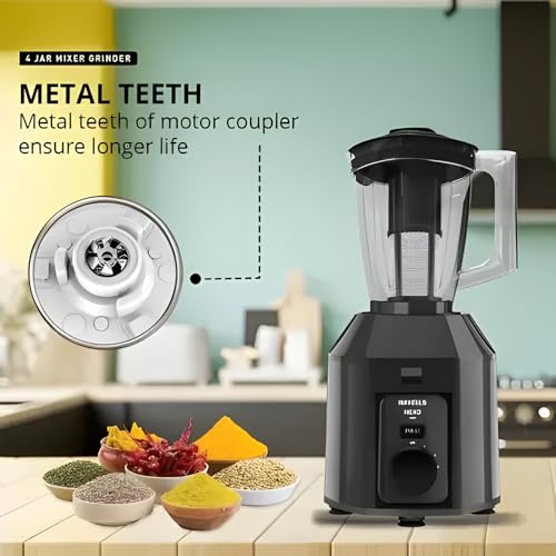 Havells Hexo Plus 1100 Watts 4 Jar Mixer Grinder| High Speed Mixie 22000 RPM motor| 100 Minutes Continuous Run Time| 2 Ltr Break Resistant Blending Jar| 5 Year Motor Manufacturer Warranty (Black)