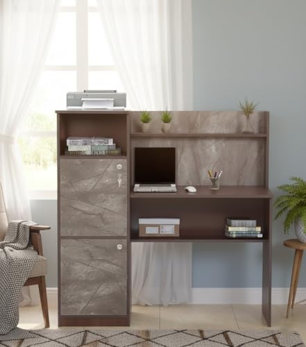 Image of Lakdi The Furniture Modern Home & Office Computer Desk with Integrated Storage Hutch - Executive Workstation, Locking Cabinet, Printer Shelf & Marble-Textured, Espresso & Grey Stone Finish - 121534338