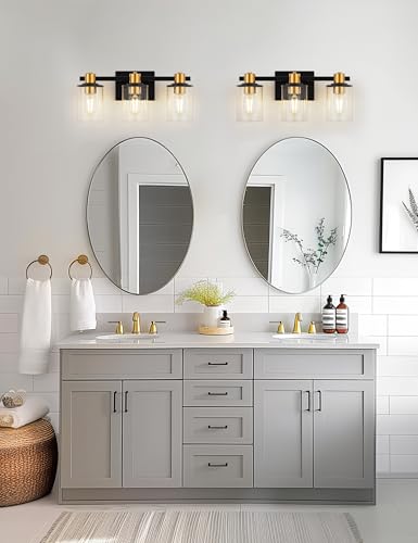 Image of L LOHAS LED Black and Gold Vanity Light, Modern 3-Light Bathroom Light Fixtures with Clear Glass Shade, Vanity Lights for Bathroom Mirror Bedroom Hallway