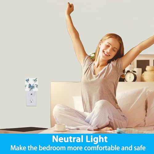 Image of Night Lights Plug into Wall Blue Butterfly on Blossom Night Lights Dusk to Dawn Sensor Led Lamp for Women Men,Led Lights for Stairway /Hallway /Bedroom,0.5W
