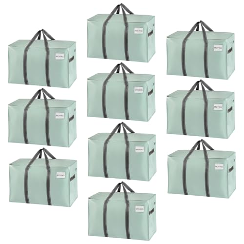VENO 10 Pack Moving Bags, Heavy Duty, Moving Boxes Alternative, Packing Storage Supplies for Dorm Room Essentials with Zipper for Clothes, Extra Large Totes for Packaging (Shiny Light Green, 10 Pack)